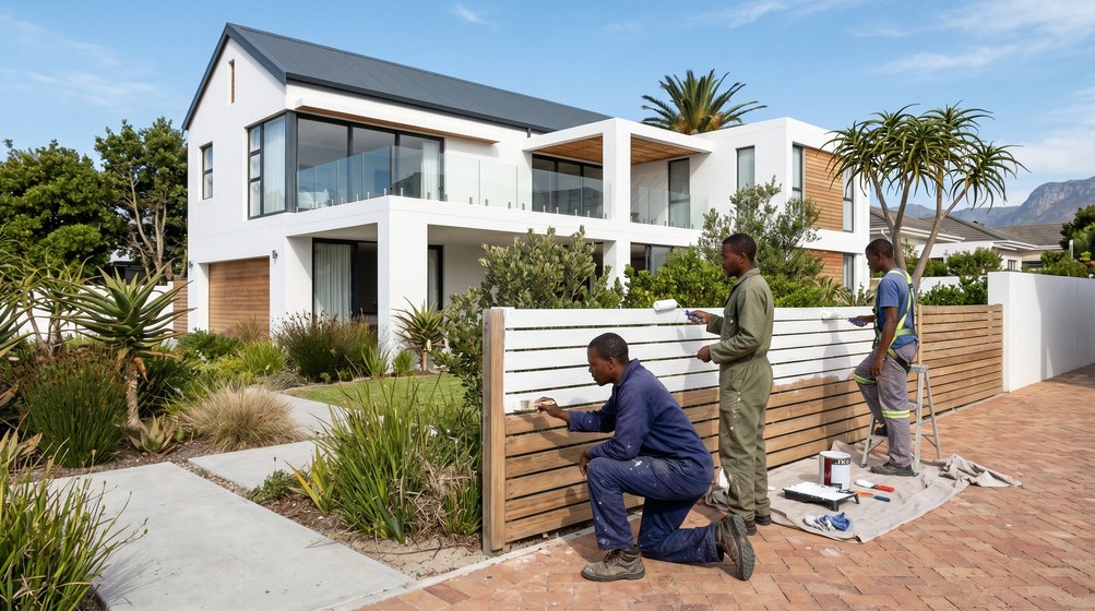 Professional fence painters painting a wooden fence at a coastal home in Sandown
