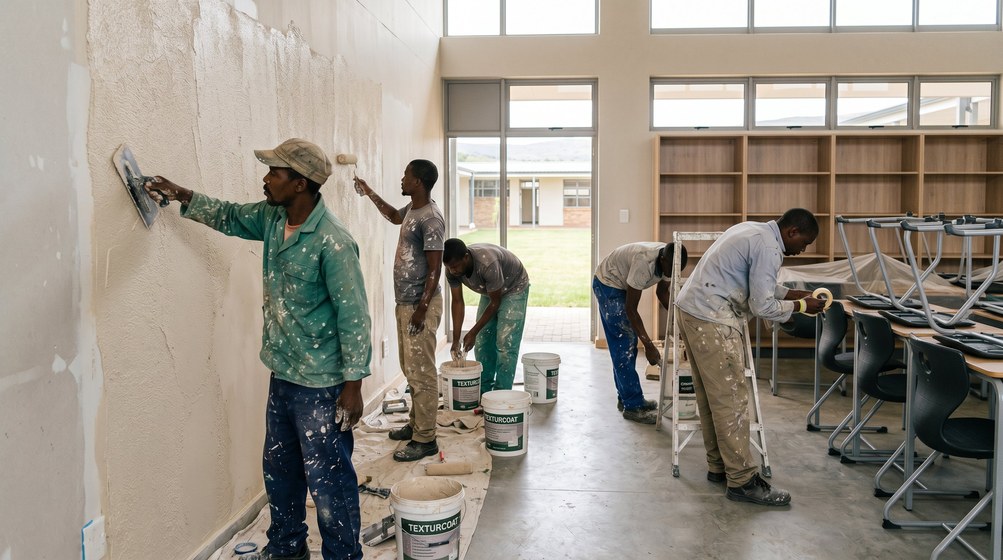 Professional texture coating team applying Texturcoat to interior walls in Sandown