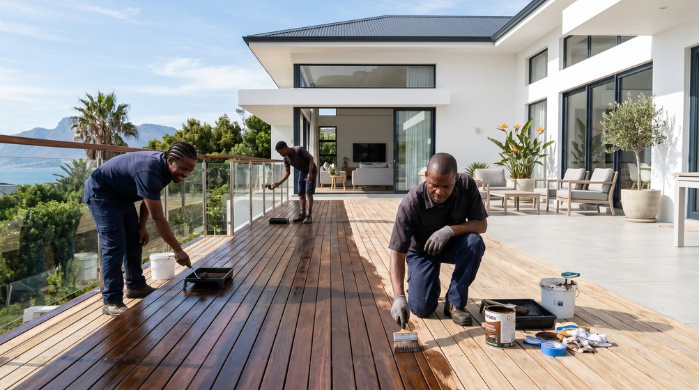 Professional wood staining team applying deck stain overlooking the ocean in Sandown